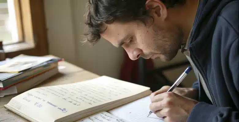 homme qui redige un texte un français et qui reflechit à comment ecrire un mot