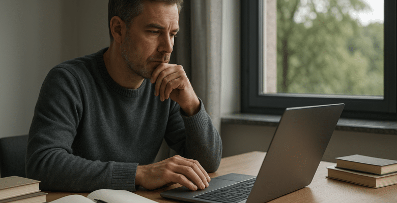 personne qui réflechit en écrivant sur l'ordinateur