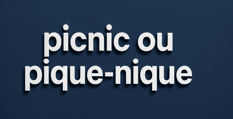 expression "picnic ou pique nique" &eacute;crite sur un fond bleu marine avec eciture blanche