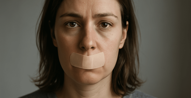 personne avec un sparadrap sur la bouche